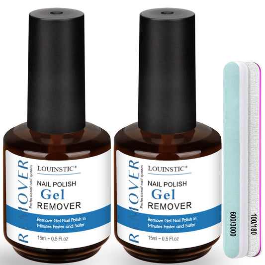 LOUINSTIC remover kit with two 15 ml bottles for quick, acetone-free gel removal.