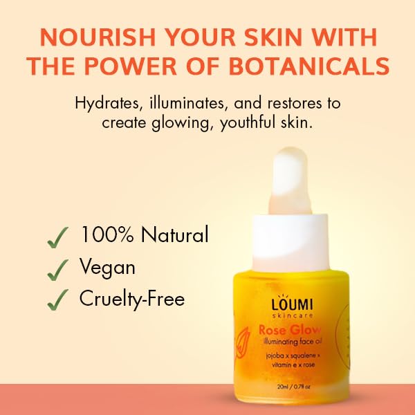 LOUMI RoseGlow Face Oil application for day or night nourishment.