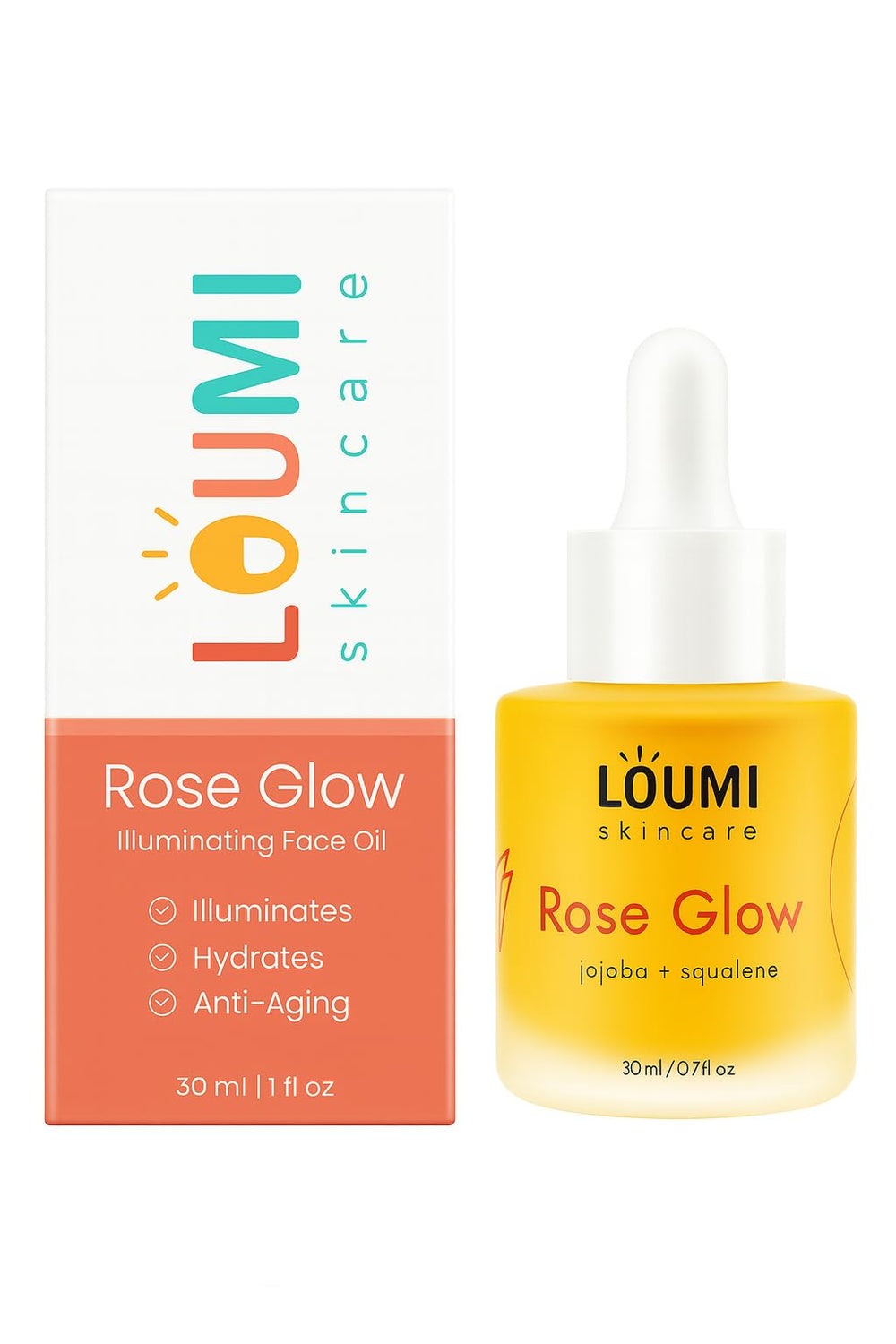 LOUMI RoseGlow Face Oil bottle ready for quick daily hydration.