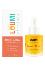 LOUMI RoseGlow Face Oil bottle ready for quick daily hydration.