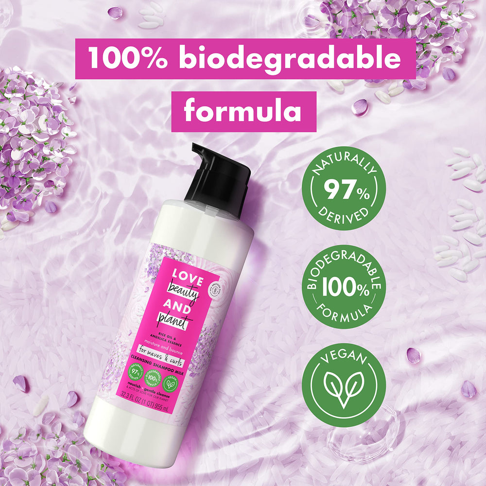 Love Beauty and Planet gentle-cleansing formula label signals sulfate-free, mild cleanse for curls.
