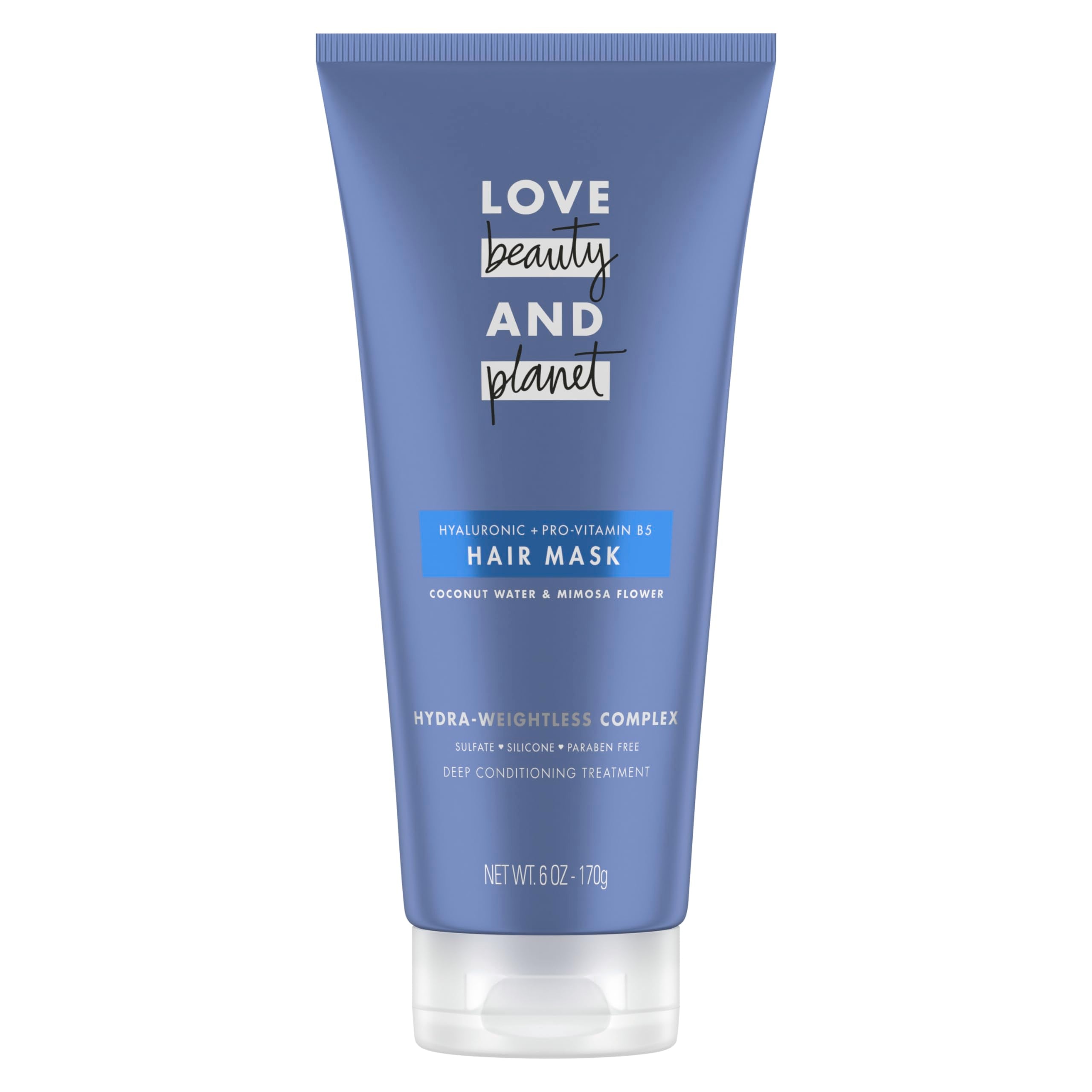 Love Beauty and Planet hair mask bottle featuring coconut water for intense hydration.