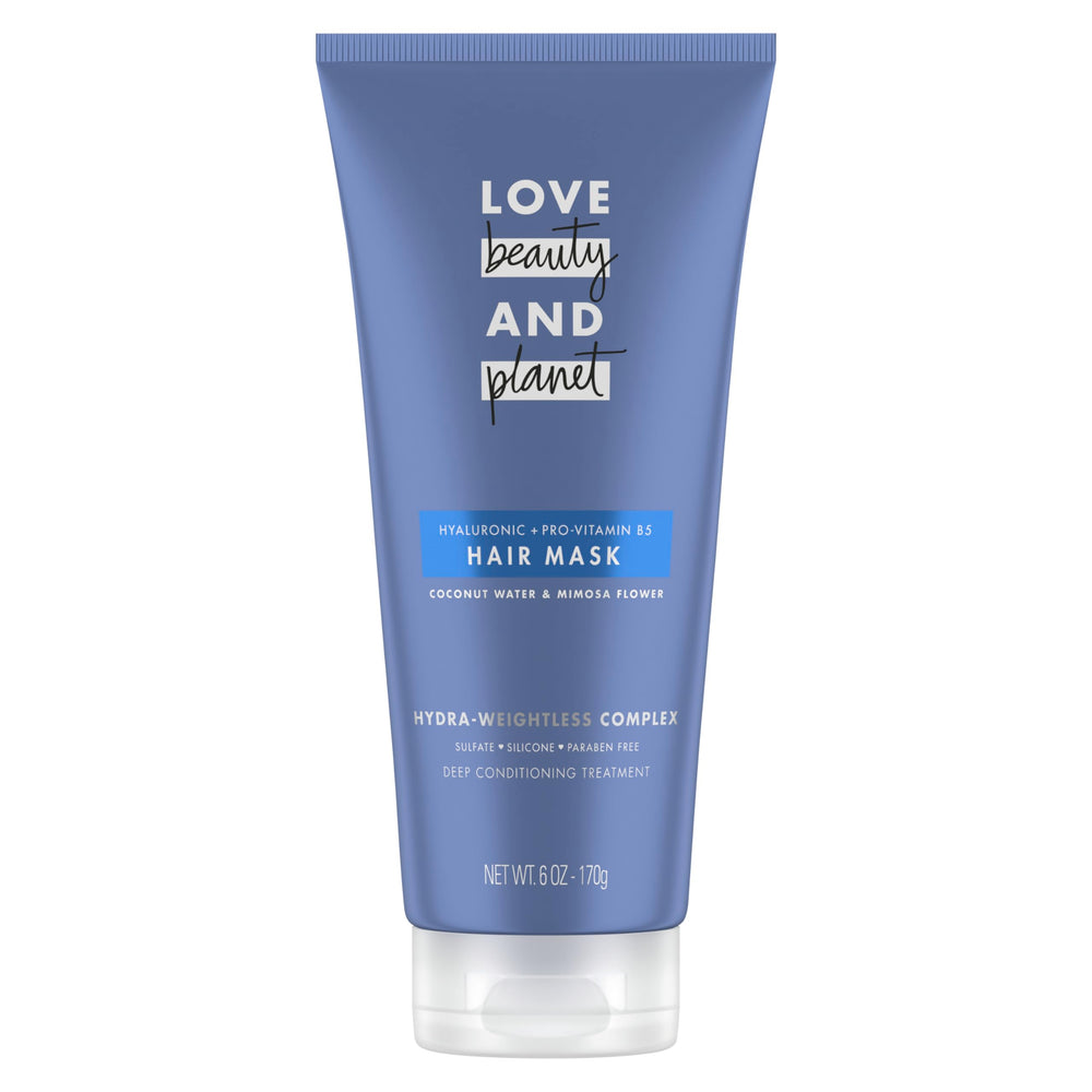 Love Beauty and Planet hair mask bottle featuring coconut water for intense hydration.