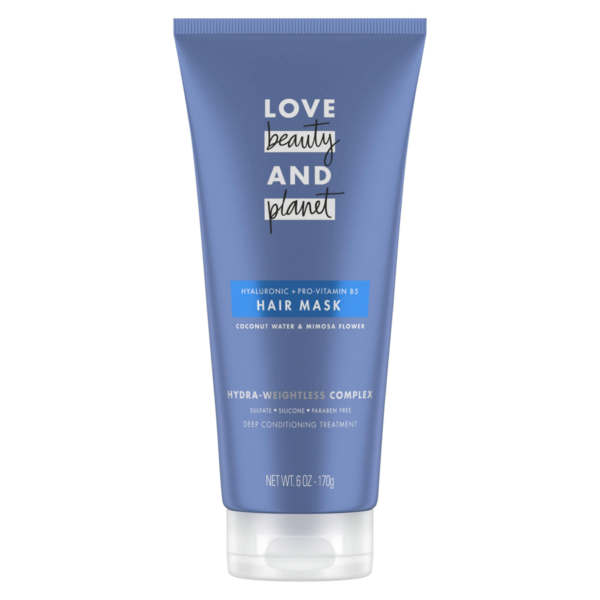 Love Beauty and Planet hair mask bottle featuring coconut water for intense hydration.