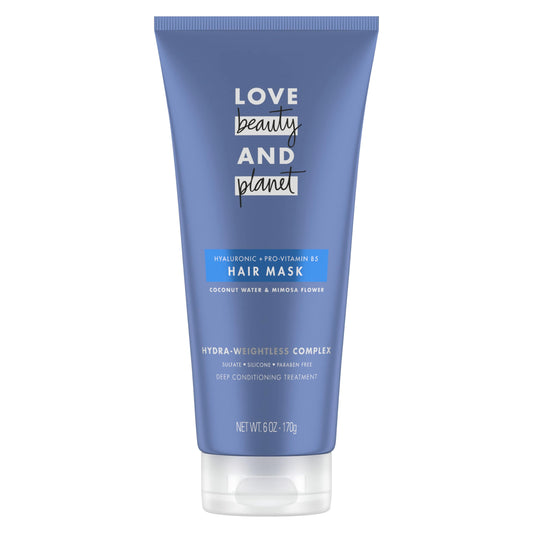 Love Beauty and Planet hair mask bottle featuring coconut water for intense hydration.