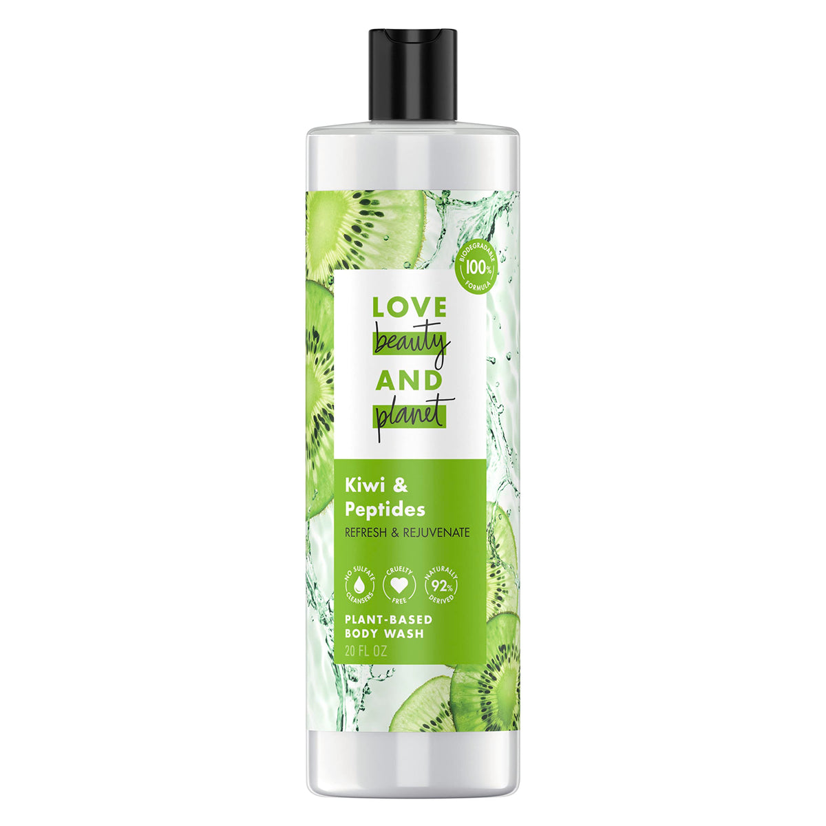 Love Beauty and Planet Kiwi & Peptides bottle close-up, showcasing biodegradable formula.