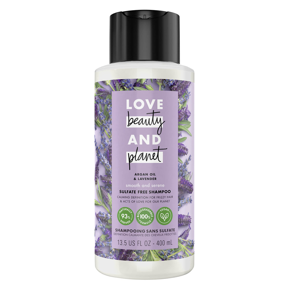 Love Beauty And Planet Smooth and Serene shampoo bottle with 100% recycled packaging for eco-friendly care.