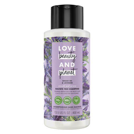 Love Beauty And Planet Smooth and Serene shampoo bottle with 100% recycled packaging for eco-friendly care.