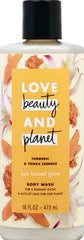 Love Beauty And Planet turmeric-tonka label closeup highlights natural ingredients.