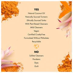 Love Beauty And Planet turmeric-tonka lather captures a creamy foam for shower ritual.