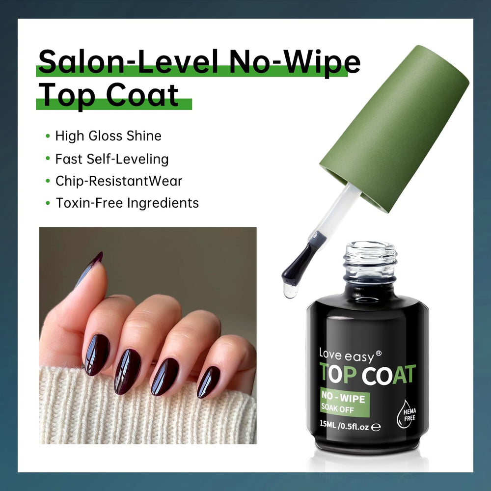Love Easy Top Coat gel swatch with glossy finish.