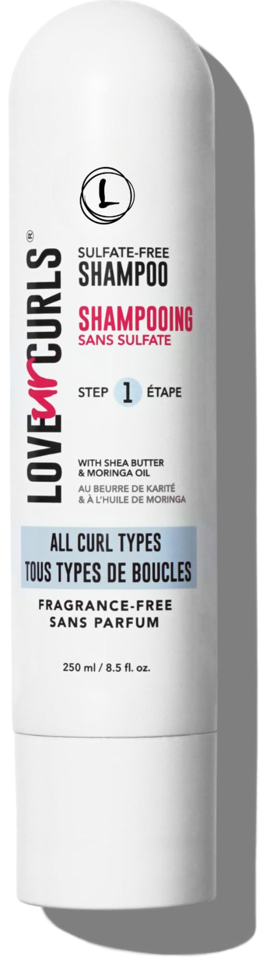 Love Ur Curls fragrance-free shampoo bottle offering gentle cleansing for curly hair.