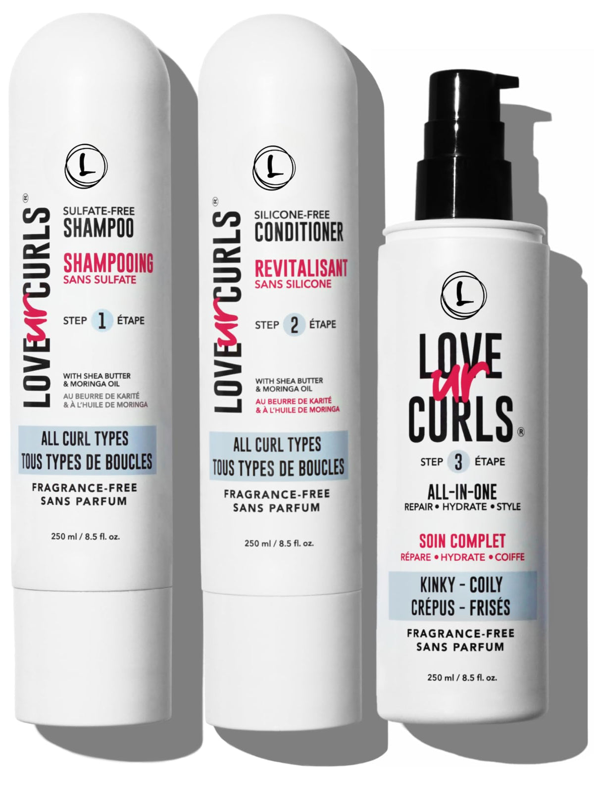 Love Ur Curls fragrance-free shampoo bottle provides gentle cleanse for kinky-coily hair.