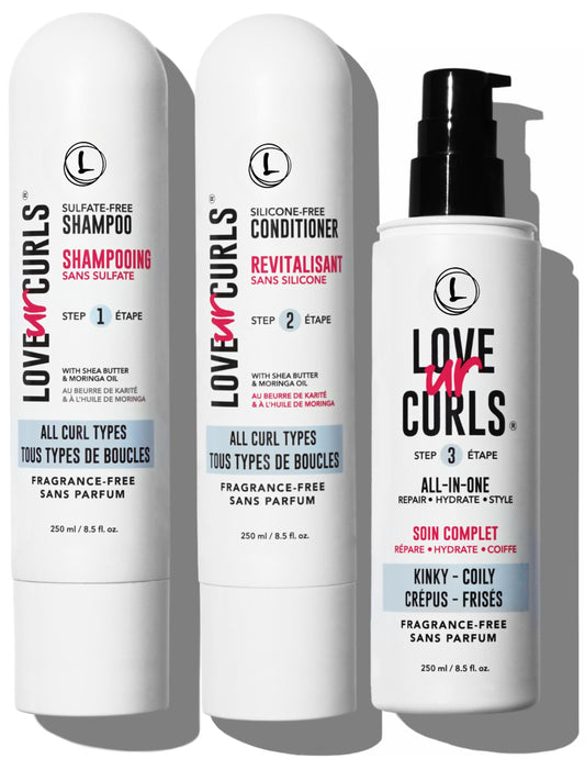 Love Ur Curls fragrance-free shampoo bottle provides gentle cleanse for kinky-coily hair.