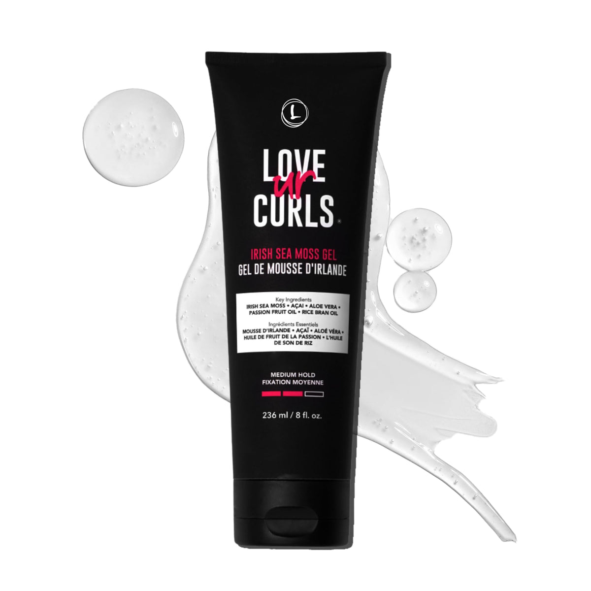 Love Ur Curls Irish Sea Moss Hair Gel bottle front shows vegan, cruelty-free styling.