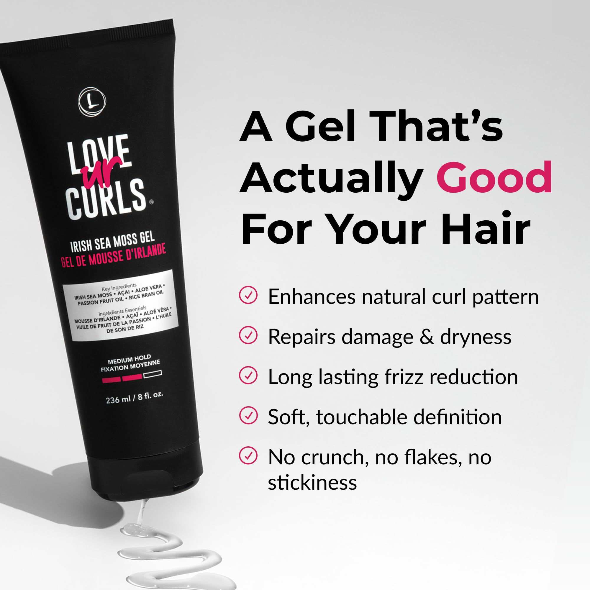 Love Ur Curls Irish Sea Moss Hair Gel label close-up highlights gluten-free formula for sensitive scalps.