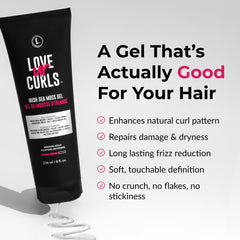 Love Ur Curls Irish Sea Moss Hair Gel label close-up highlights gluten-free formula for sensitive scalps.