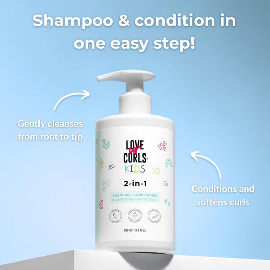 Love Ur Curls Kids unscented shampoo conditioner packaging highlights tear-free use.