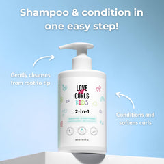 Love Ur Curls Kids unscented shampoo conditioner packaging highlights tear-free use.