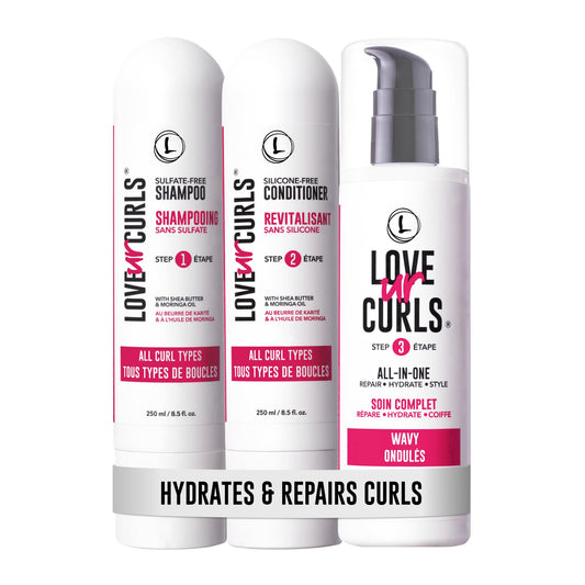 Love Ur Curls shampoo bottle pour for gentle cleansing on waves