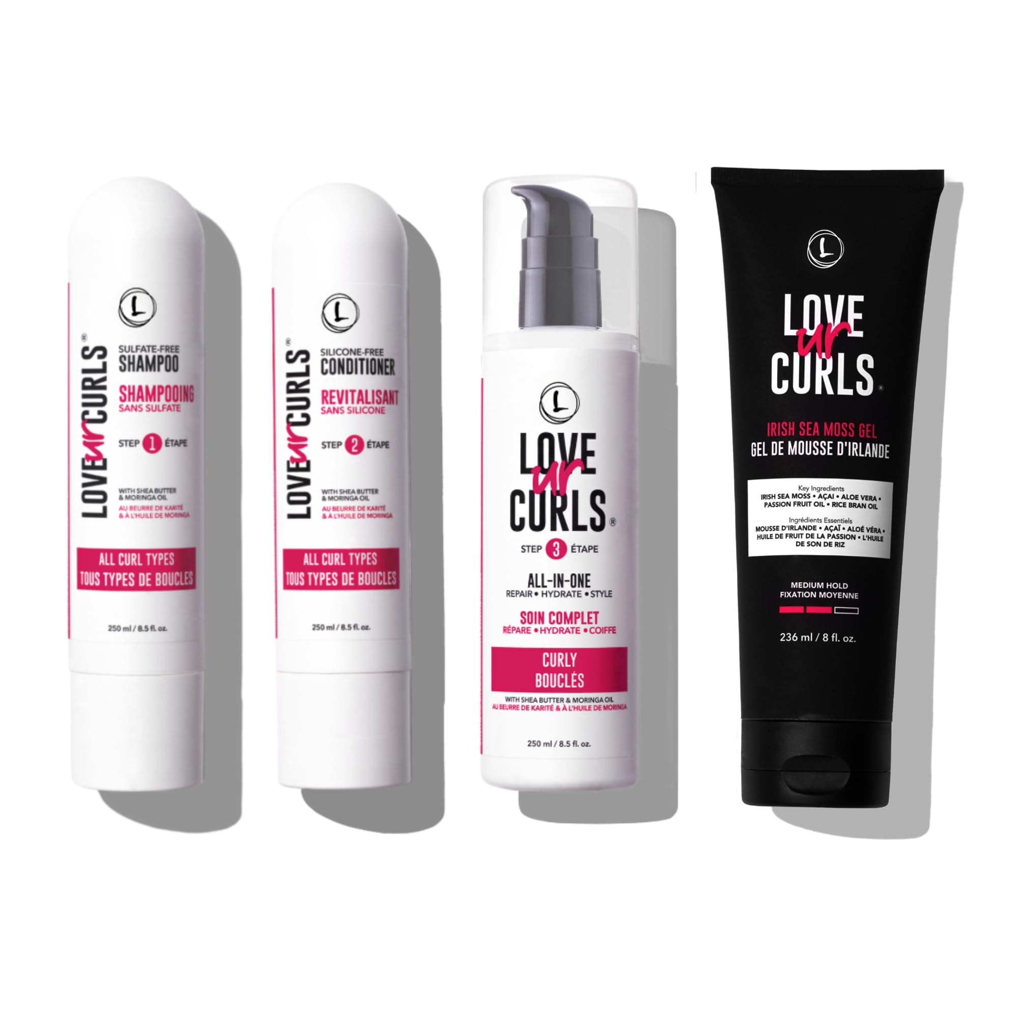 Love Ur Curls shampoo bottle with gentle moisturizing formula for smooth, frizz-free wash