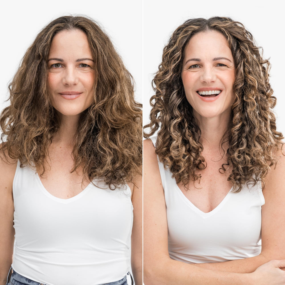 Love Ur Curls Volumizing Foam root lift on wet hair shows bounce and definition