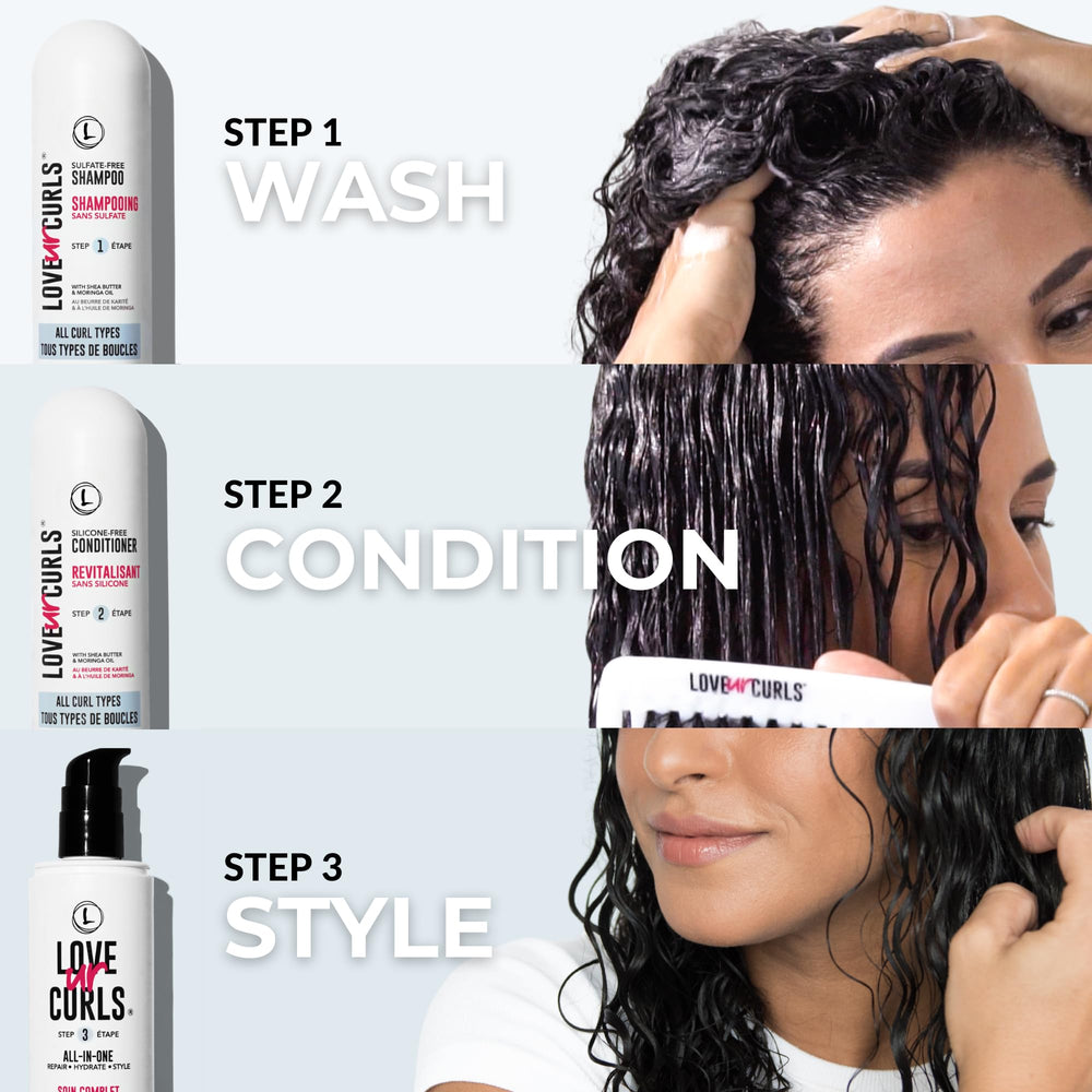 Love Ur Curls wavy hair routine with products displayed for easy styling.