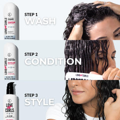 Love Ur Curls wavy hair routine with products displayed for easy styling.