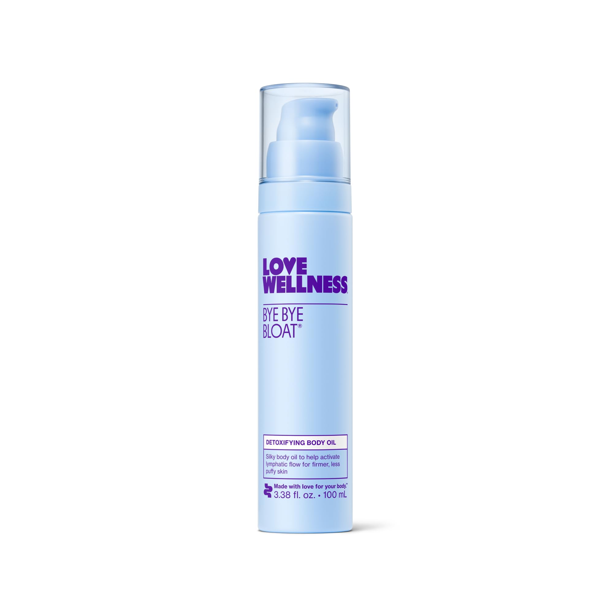 Love Wellness Bye Bye Bloat Oil bottle ready for use, hydrating skin.