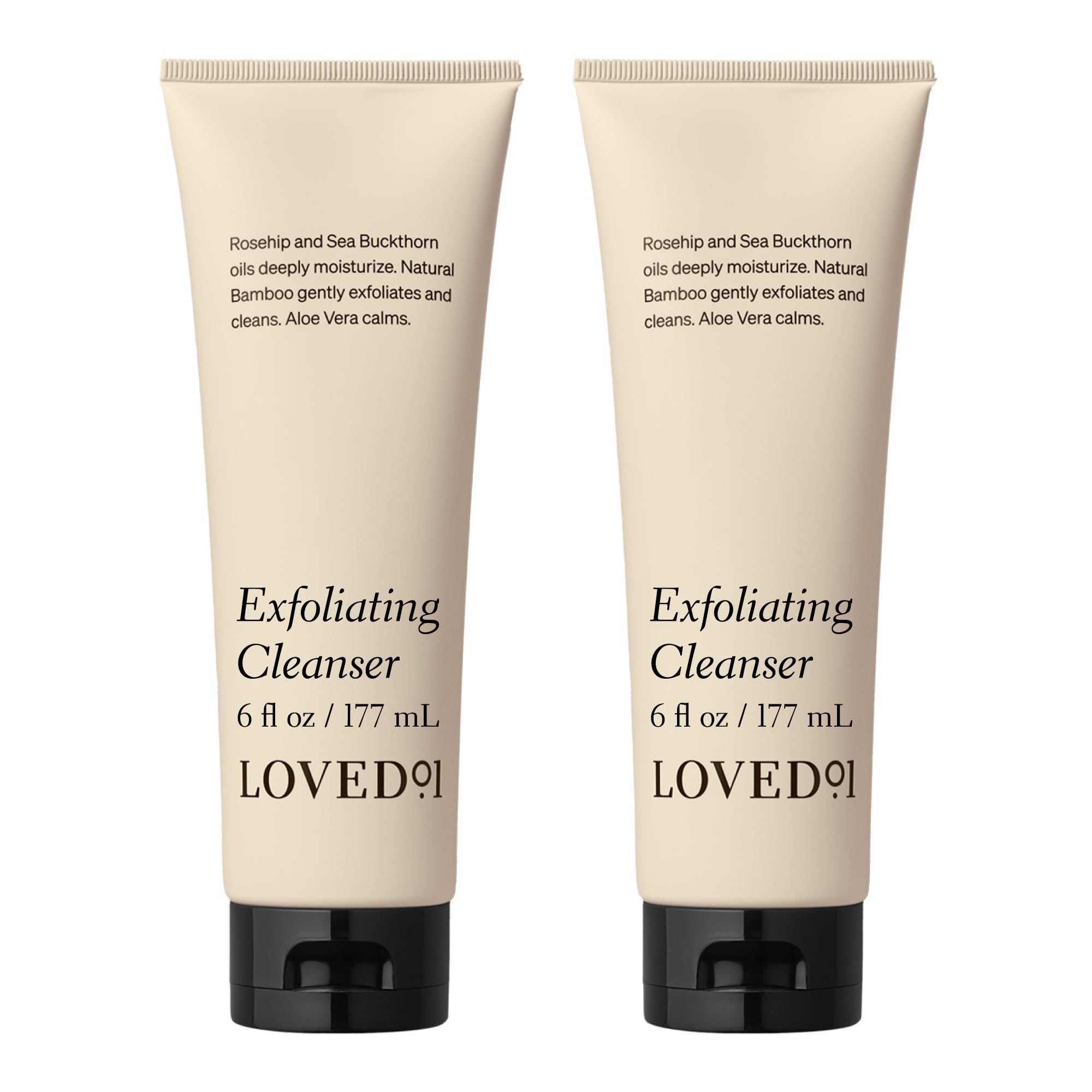 Loved01 face and body exfoliating cleanser bottle showing gentle exfoliation for smooth skin.
