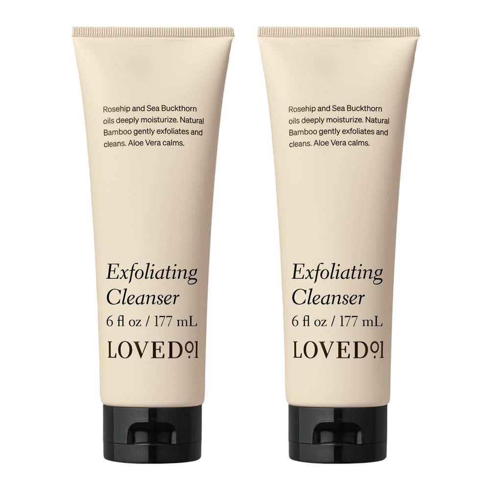 Loved01 face and body exfoliating cleanser bottle showing gentle exfoliation for smooth skin.
