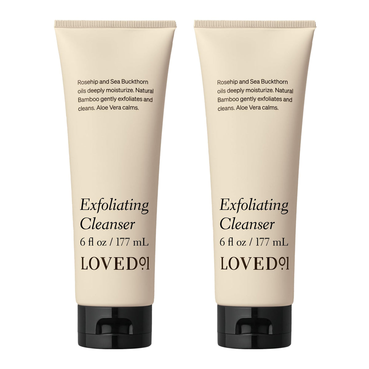 Loved01 face and body exfoliating cleanser bottle showing gentle exfoliation for smooth skin.