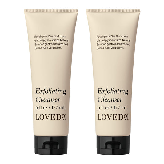 Loved01 face and body exfoliating cleanser bottle showing gentle exfoliation for smooth skin.