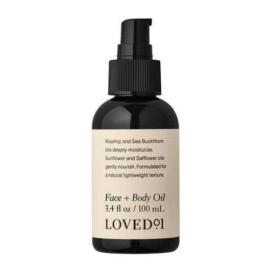 Loved01 Face & Body Oil bottle pours for daily hydration and glow.