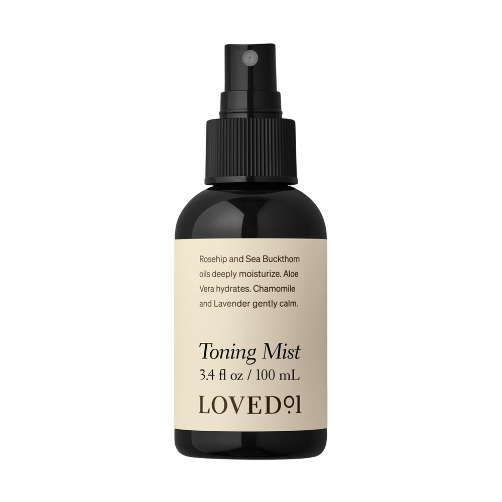 Loved01 Face & Body Toning Mist bottle offers refreshing hydration after cleansing.