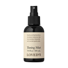 Loved01 Face & Body Toning Mist bottle offers refreshing hydration after cleansing.