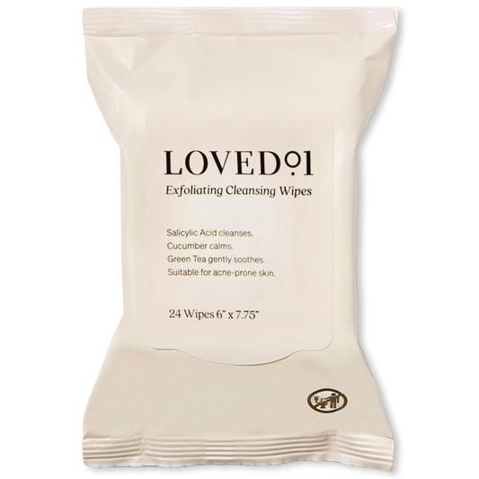 Loved01 cleansing wipes packshot for blemish-prone skin.