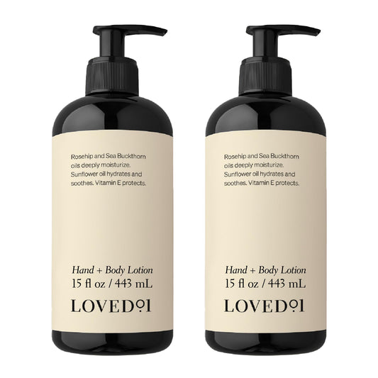 Loved01 Hand & Body Lotion two-pack front view shows packaging for daily moisture