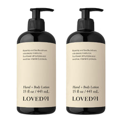 Loved01 Hand & Body Lotion two-pack front view shows packaging for daily moisture
