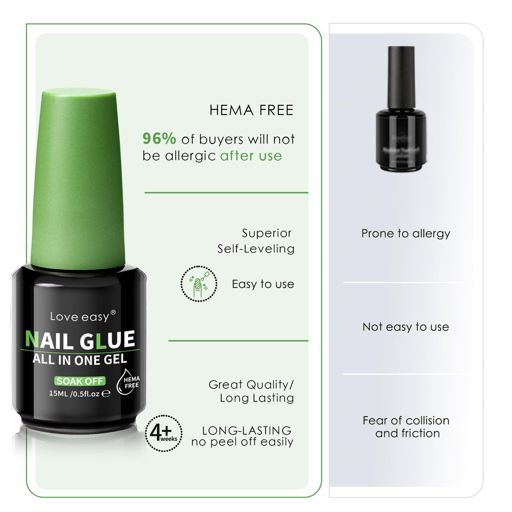Love Easy nail extensions bonded securely with HEMA-free formulation.