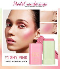 Lovelycat blush-stick demonstrates lipstick-style application for easy touch-ups.