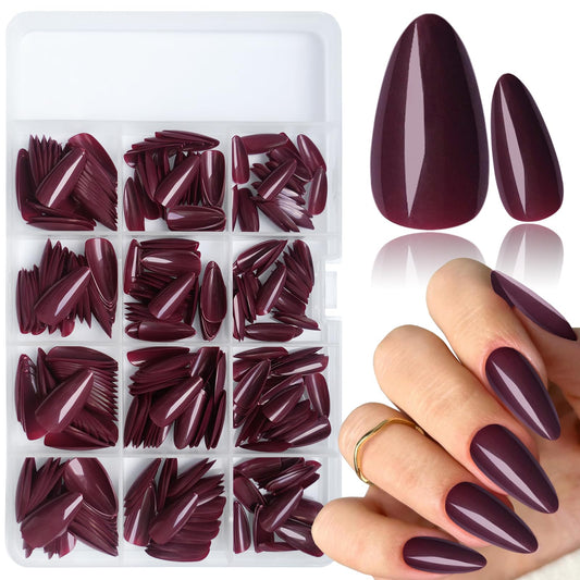 LoveOurHome burgundy almond press-on nails for a salon-ready look.
