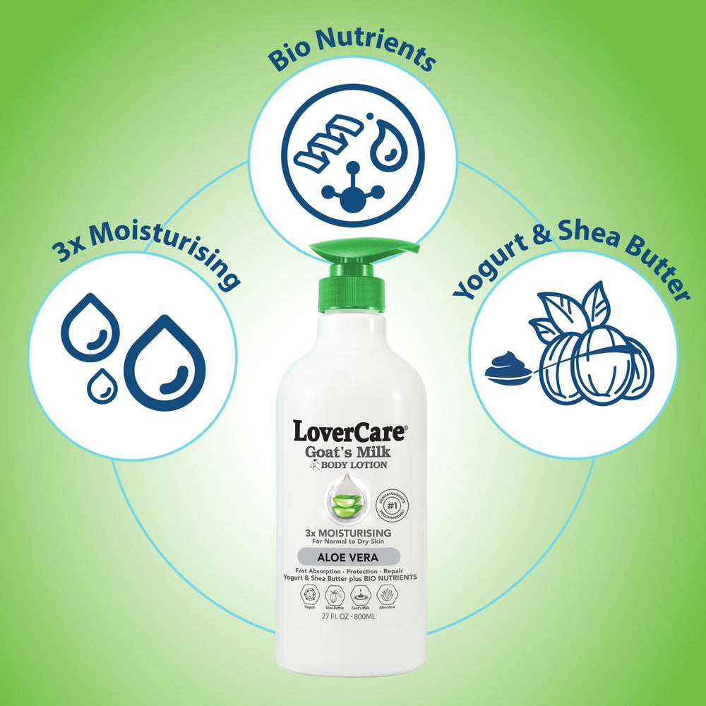 Lovercare Goat Milk Lotion with Aloe Vera provides soothing hydration for skin