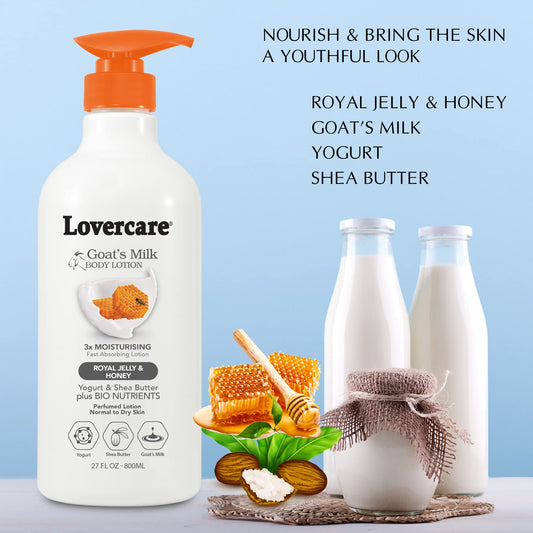 Lovercare Goat Milk ingredients panel highlighting proteins and vitamins for nourished skin