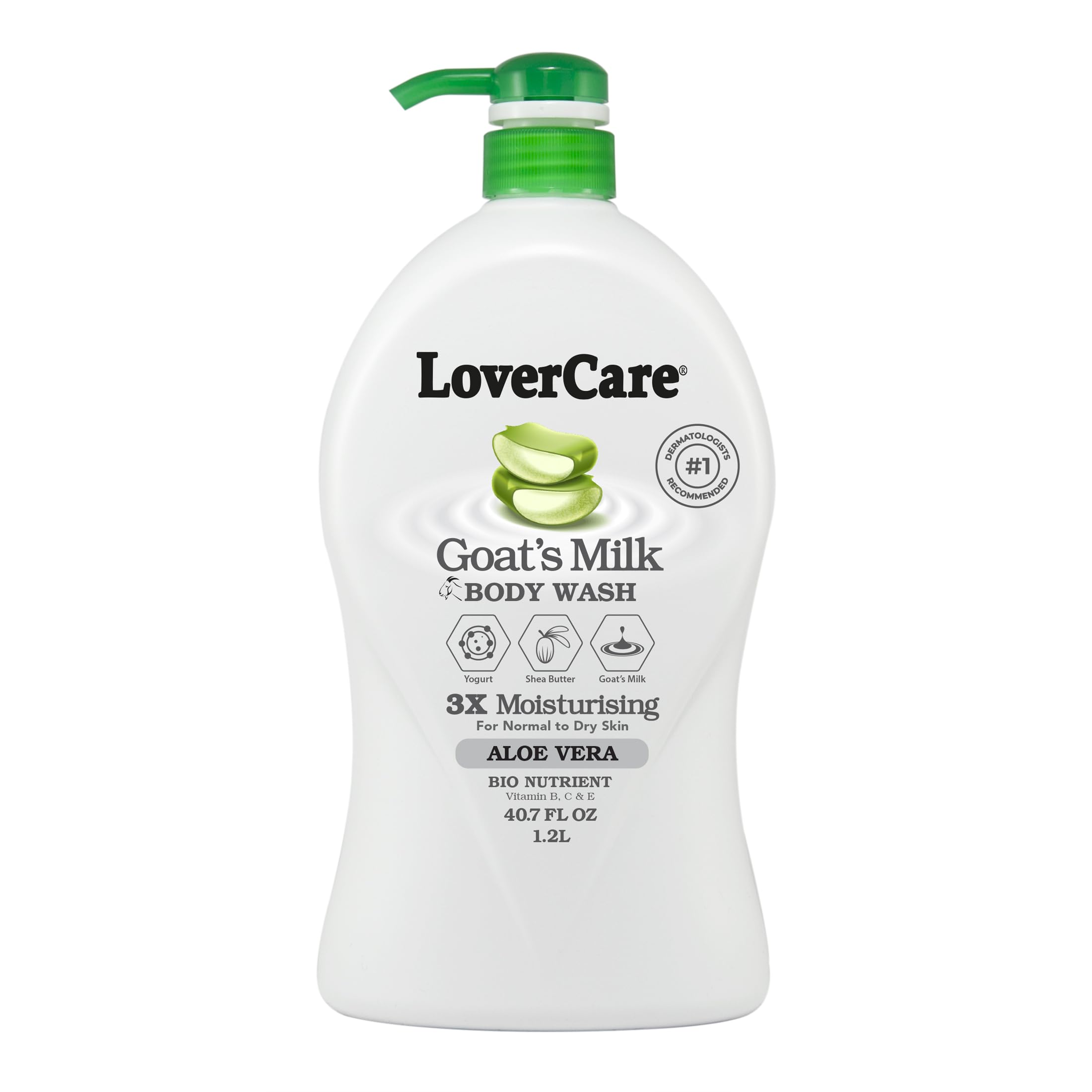 LoverCare Goat Milk Shower Cream bottle pour delivers gentle cleanse with lasting moisture.