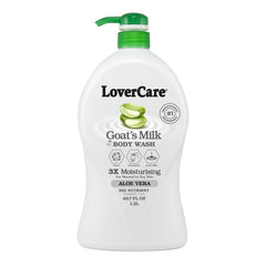 LoverCare Goat Milk Shower Cream bottle pour delivers gentle cleanse with lasting moisture.