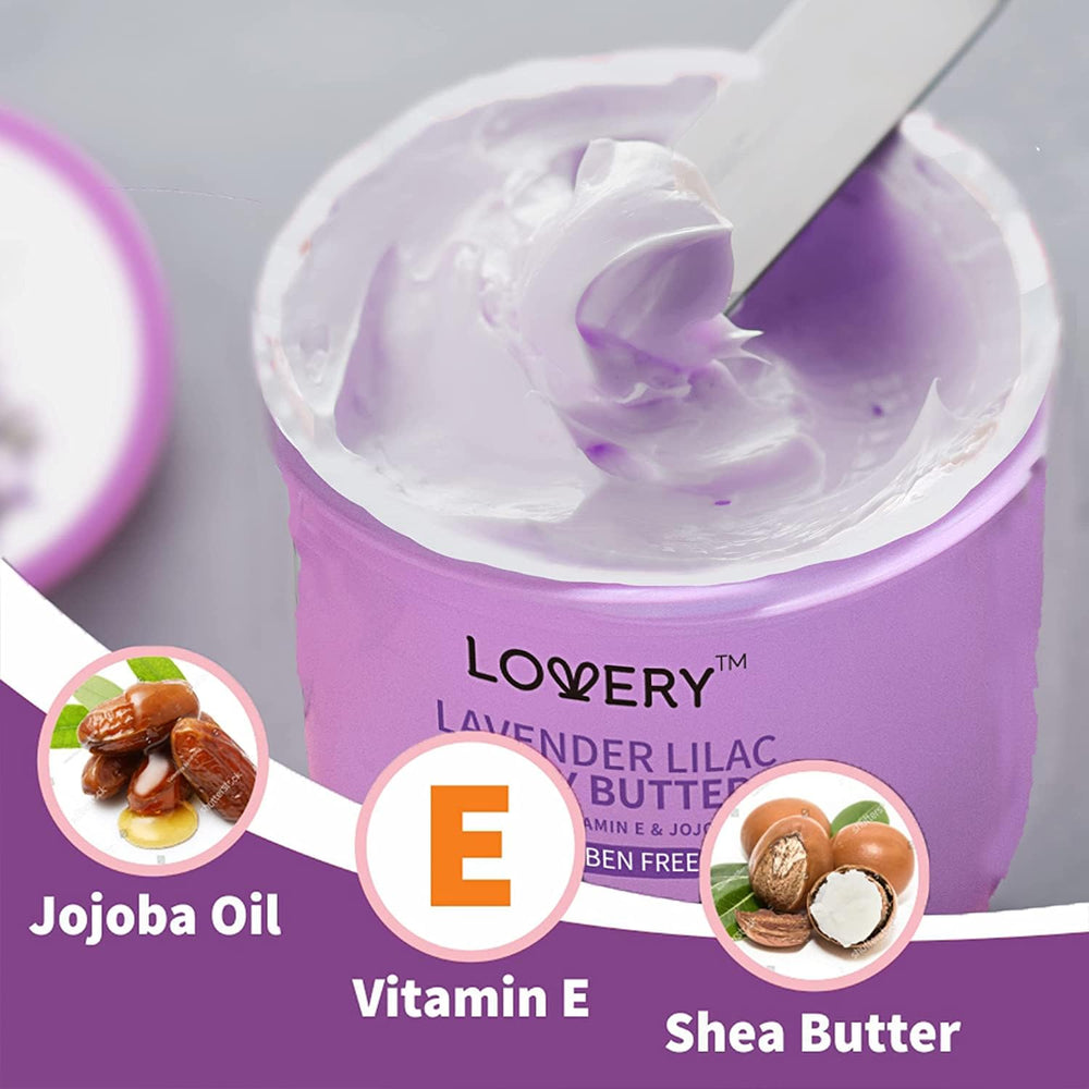 Hands applying LOVERY Lavender Lilac Body Butter for quick absorption