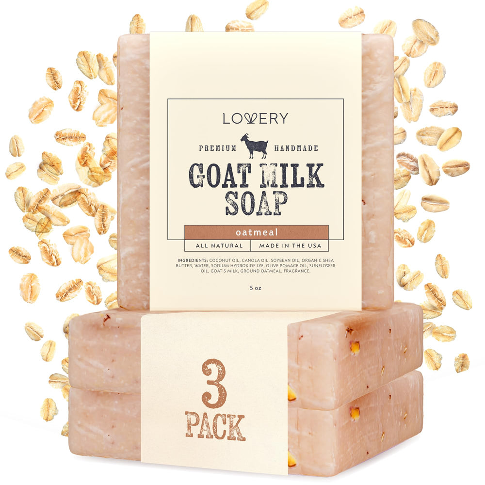 LOVERY oatmeal goat milk soap close-up with creamy lather for sensitive skin