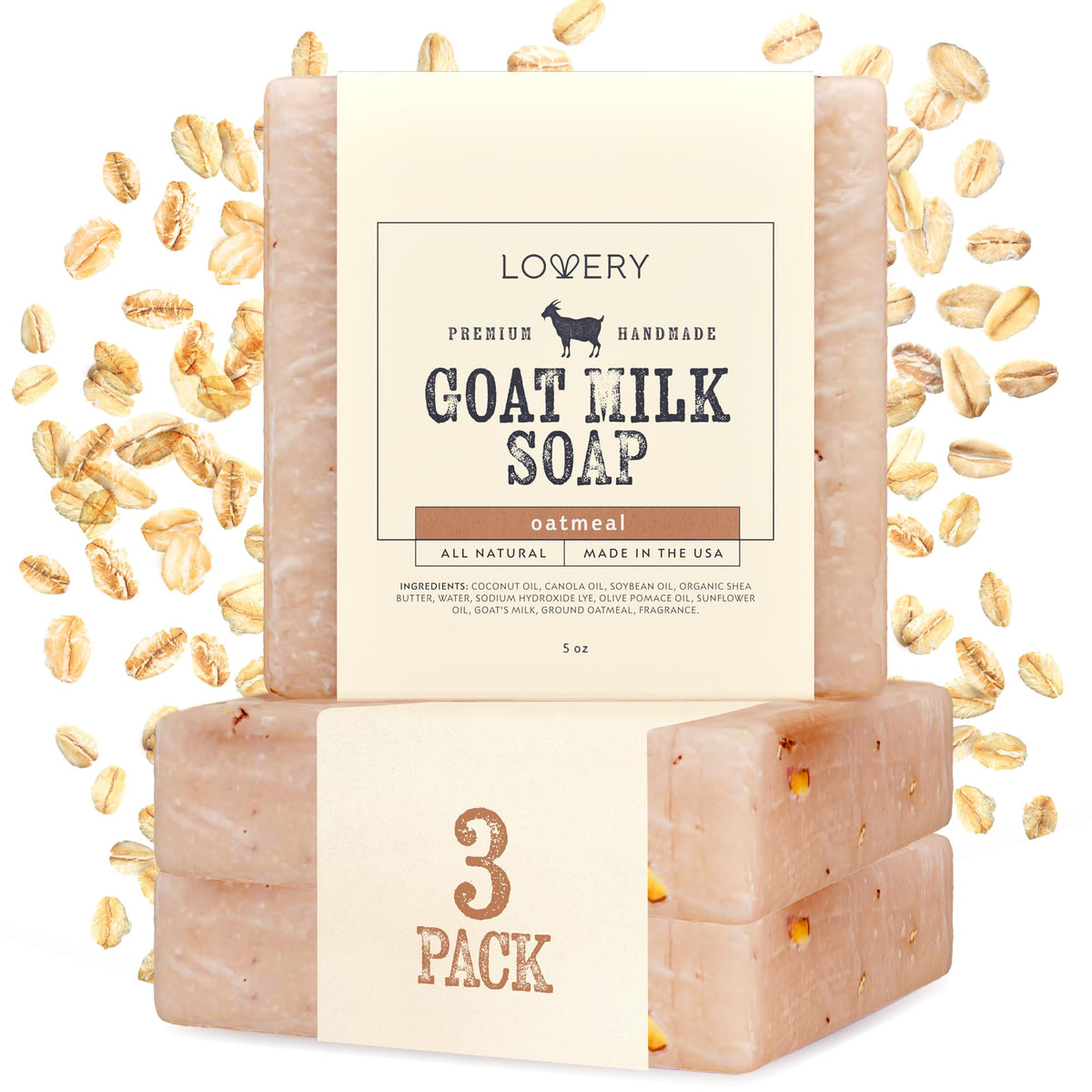 LOVERY oatmeal goat milk soap close-up with creamy lather for sensitive skin