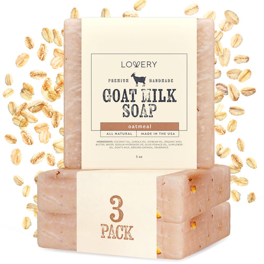 LOVERY oatmeal goat milk soap close-up with creamy lather for sensitive skin